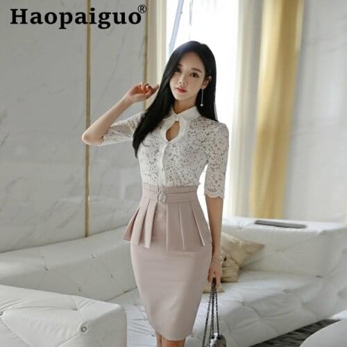 2019 Summer Casual Two Pieces Set White Lace Blouse and Sheath MIdi Wrap Dress Women 2 Pieces Set Office OL Work Suit Plus Size