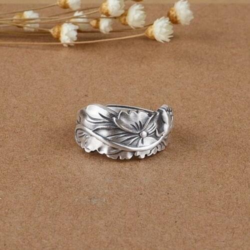 2019 New 100% S990 pure silver matte female ring fashion Chinese style lotus ring for female Thai silver womans ring