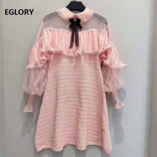Bow Tie Elegant Dress 2021 Spring Summer High Quality Clothing Women Batwing Sleeve Ruffle Sexy Tulle Mesh Knitted Dress Pink