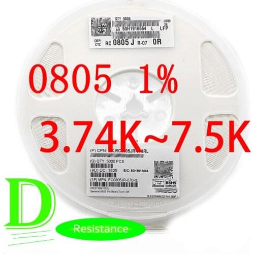 100PCS SMD Resistor RC Series 0805 1% RC0805FR-07 Series 3.74k-7.5K All resistors 3.9K 4.3K 4.7K 5.1K 5.6K 6.2K 6.8K 7.5K