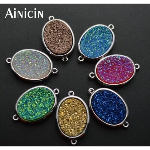 12x22mm Oval Shape Connectors Natural Druzy Crystal Blue Rose Gold Red Green Color Fashion Jewelry Making Materials