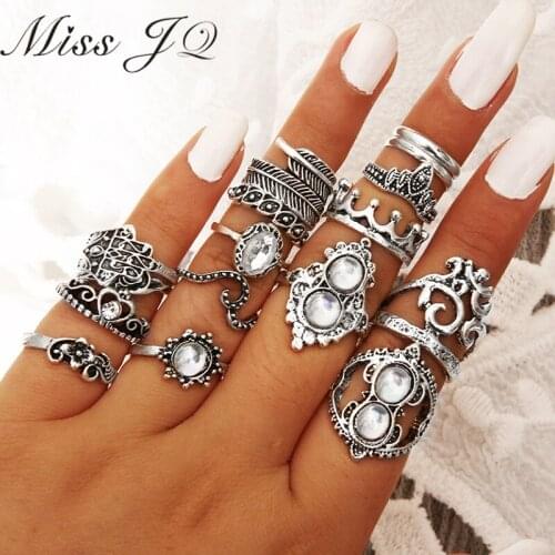 Miss JQ 16pcs/Set Vintage Cat Eye Silver Color Geometric White Oval Rings Sets for Women Ethnic 2018 Jewelry Gifts anillos mujer
