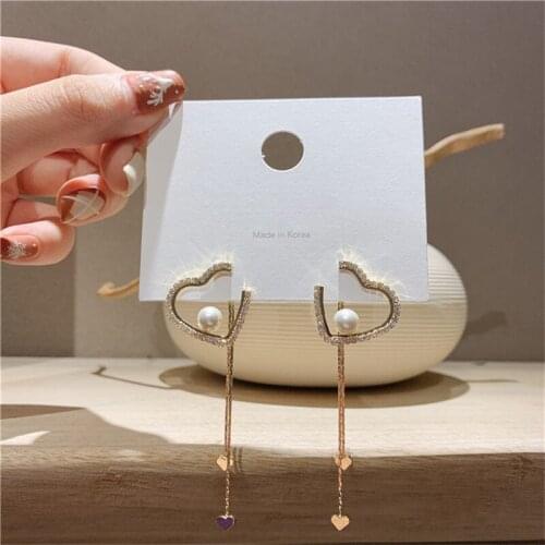 2020 New Personality Korean Full Shiny Rhinestone Hollow Heart Drop Earrings For Women Elegant Pearl Hanging Brincos Jewelry