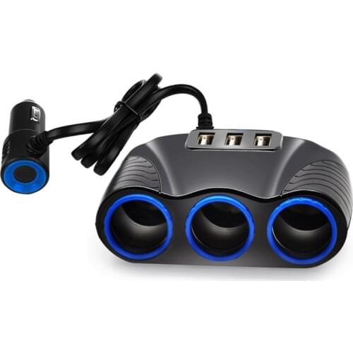 3 USB Port 3 Way 3.1A Blue Led Car Cigarette Lighter Socket Splitter Hub Power Adapter 12V-24V For iPad Smartphone DVR GPS