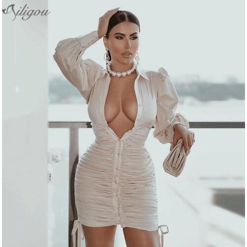 Ailigou Elegant White Shirt Women 2021 Summer Casual Office Pleated Design Mini Long Sleeve Pleated V-Neck Sexy Party Dress