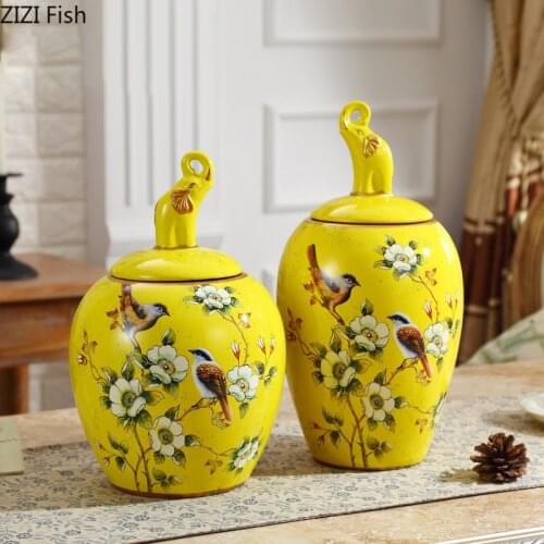 Antique Yellow Candy Jars with Cover Storage Jar Sugar Bowl Flower Pattern Jewelry Container Organizer American Home Decor