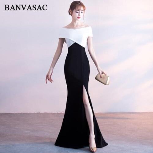 BANVASAC Elegant Boat Neck Multicolor Short Sleeve Mermaid Long Evening Dresses Party Sexy Split Backless Prom Gowns