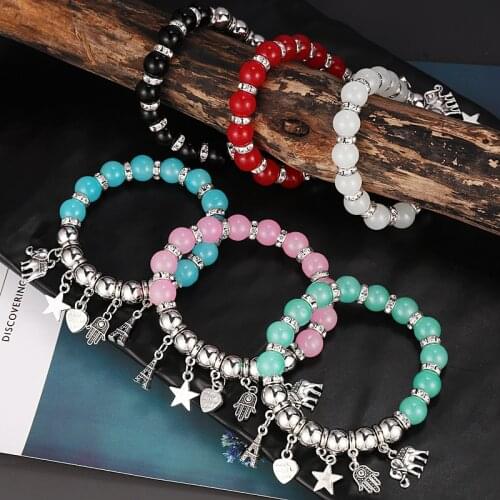 Hesiod Handmade Heart Star Elephant Pendant Buddha Beads Bracelet Pink Zebra Stone Charm Bracelet for Women Men Yoga Jewelry