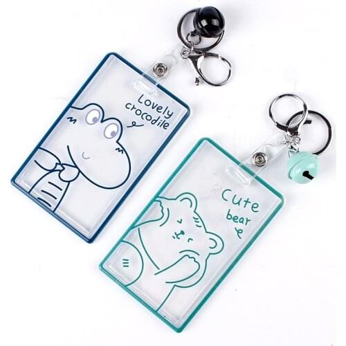 1pc Transparent Acrylic Work Card Holder for Employees Staff with Keyring Bell Dinosaur Pattern Pass Card Cover Bus Card Sleeve