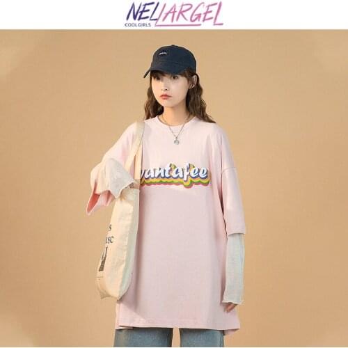 NELLARGEL Women Letter Graphic Y2k Korean Fashion T Shirts 2021 Summer Female Vintage Streetwear Tees Girl Kawaii Oversized Tee