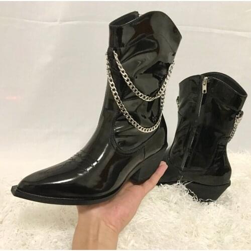 Gothic Ankle Boots Black Pointed Chain High Heel Chelsea Boots Women Zip Punk Style Naked Boots Winter Boots Women botas de muje