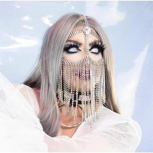 INS Rhinestone Long Tassel Big Gem Facepiece Jewelry Mask Decoration for Women Luxury Crystal Face Chain Accessories Mask Gift