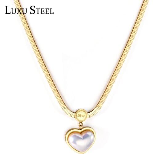 LUXUSTEEL Love Heart Imitation Pearl Pendant Necklaces For Women Classic Style Gold Color Collar Snake Chains Necklace Party