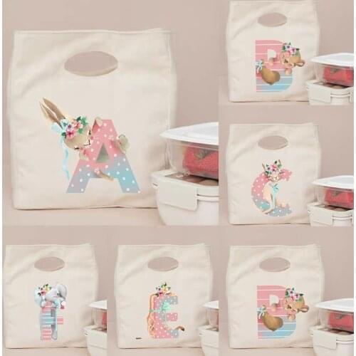 Cute Animal Letter Cooler Lunch Bag Portable Insulated Canvas Bento Tote Thermal Picnic School Food Storage Pouch for Women Kids
