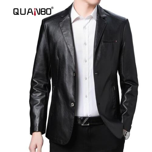 QUANBO Autumn New Mens Leather Jacket Fashion Suit Collar Single Breasted Business Casual Solid PU Man Coat Brand Clothing