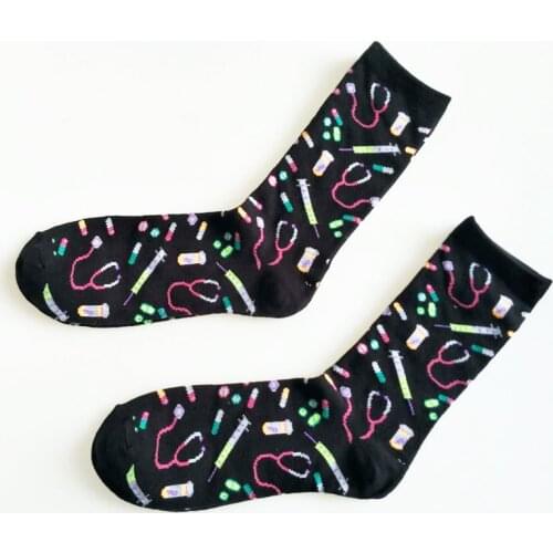 Cartoon Hospital Equipment Print Socks Medical Stethoscope Syringe Drug Men Cotton Sock Personalized Absorb Sweat Breathable