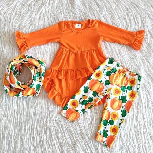 New arrival kids fall 3 pieces clothing baby girls orange top and pumpkin pants outfit with scarf girl Halloween outfit
