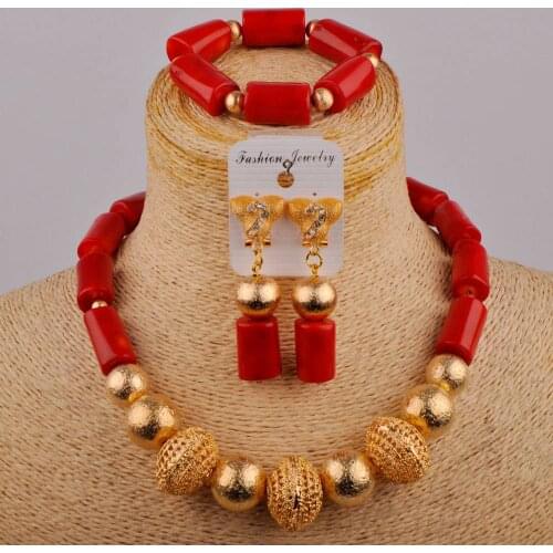 Popular Jewelry Red Coral Bead Necklace Nigerian Bride Wedding Jewelry African Ladies Wedding Dress Jewelry Set AU-282
