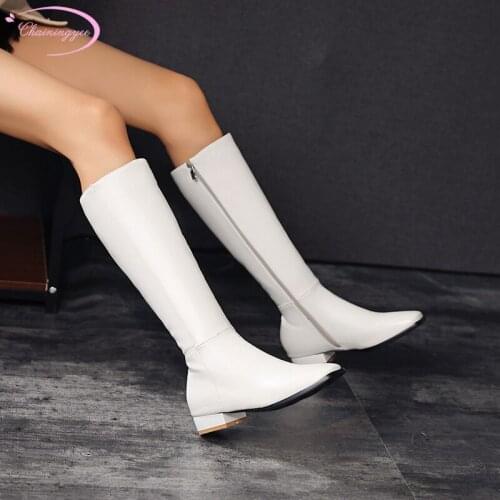 Simple OL style comfortable round toe riding boots fashion zipper black white medium with thick knee high boots womens shoes