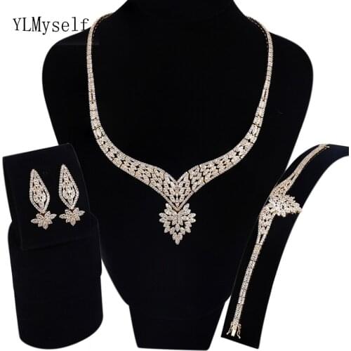 Luxury big party jewellery sets Gold-color cz crystal Necklace+Bracelet+earrings+free gift ring Large jewelry set