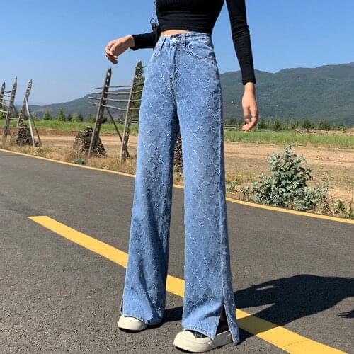 Argyle Pattern Ripped Baggy Boyfriend Jeans Woman High Wiast Wide Leg Jeans For Women Plus Size Denim Pants Trousers Jean Femme
