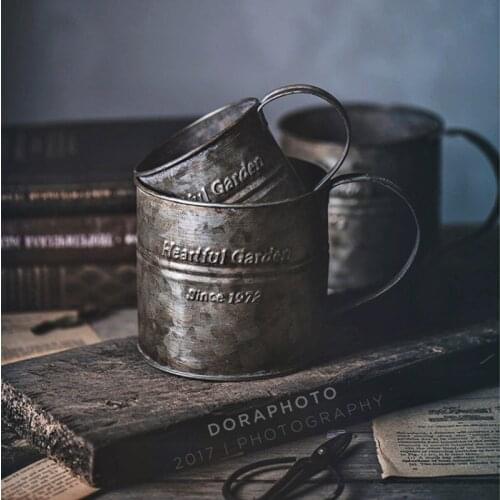 Vintage Handle Cup Drinkware Wrought Iron Flower Bucket Vintage English Printing Home Decor Gourmet Photography