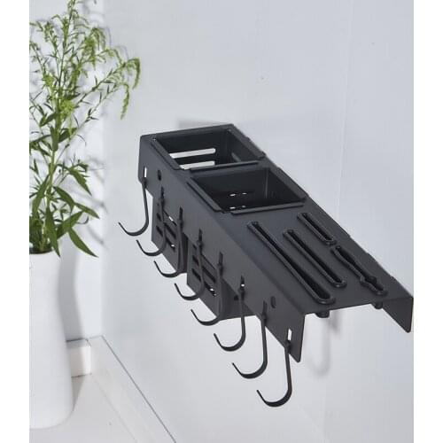 Kitchen Knife Rack Black Stainless Steel Nail Hole Wall Mounted Chopstick Rack Integrated Utensils Rack Kitchen Storage Shelf