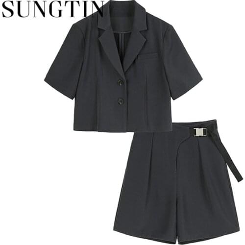 Sungtin Two Piece Set Cropped Blazer Women Single Breasted Blazer Set Knee Length Shorts 2 Piece Set Women Suit Blazer and Pants