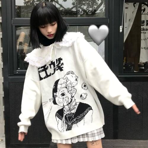 High school students comic knit pull winter new Japanese harajuku anime lace turn-down collar loose sweet girls sweater femme