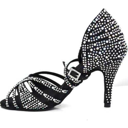 Evkood Black Dancing Shoes Women Rhinestones Latin Salsa Tango Ballroom Dancing Shoes for Women High Heel 8.5cm Shoes