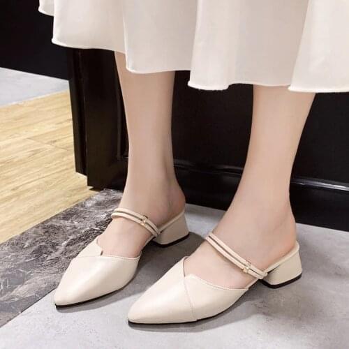 Party Women Mules Slipper Pointed Toe Block Strap Closed Shallow High Heels Shoes Sandals Black Beige Square heel Pumps