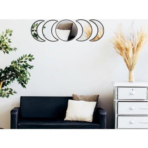 Vintage Wooden Acrylic Wall Mirror Nordic Bohemian Moon Phase Mirror Set Wall Stickers DIY Living Room Bedroom Wall Decor Gift