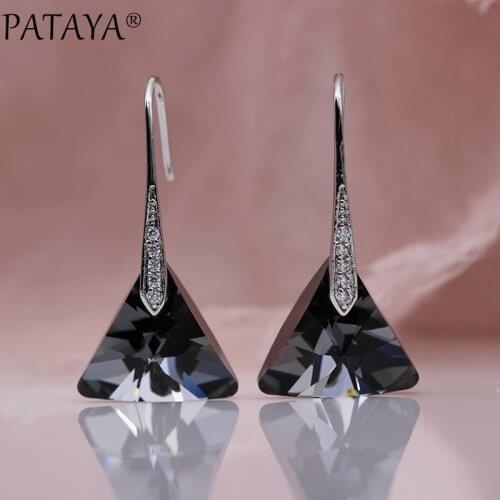 PATAYA New Triangle Smoke Gray Austria Crystal Long Drop Earrings White Gold Natural Zircon Women Wedding Noble Fashion Jewelry
