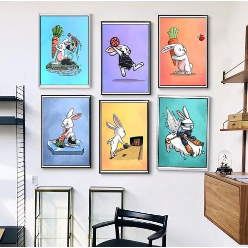 Funny Cute Bunny Rabbit Color Poster Baseball Basketball Bowling Skiing Hare Canvas Painting Cartoon Kid Room Nursery Wall Decor
