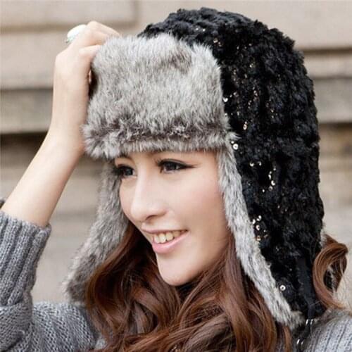 Women Hats 2016 Sequins Winter Warm Female Hats Ear Protec Casual Russia Style Hats Black Hats Christmas Gifts Hats020