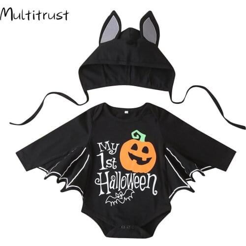 Halloween Baby Clothes Pumpkin Print Round-Neck Long Sleeve Bodysuit +Hat 2pcs Jumpsuit and Cap for Kids Black