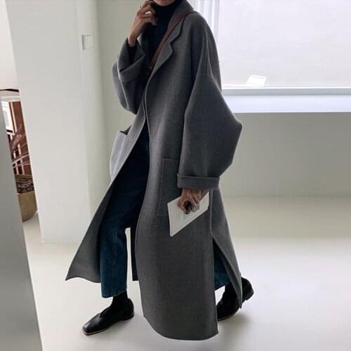 Women Elegant Long Wool Coat With Belt Solid Chic Outerwear Pockets Double Faced Cashmere Coat Ladies Overcoat Autumn Winter2021