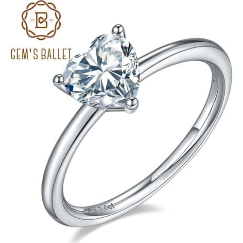 GEMS BALLET 1.0Ct 6.5mm Heart Moissanite Solitaire and Petite Engagement Womens Ring 925 Sterling Silver Moissanite Rings