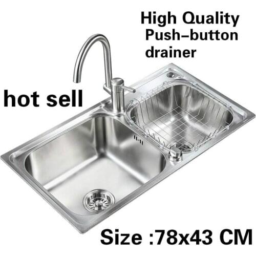 Free shipping Apartment luxury kitchen double groove sink push-button drainer vogue 304 stainless steel hot sell 78x43 CM