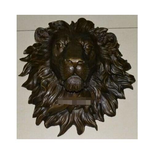 Copper Brass CHINESE crafts Asian Exquisite huge Lion head flat copper sculpture statue art hanging wall H"18.1