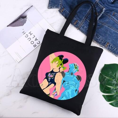 Jojo Bizarre Adventure Print Reusable Shopping Bag Women Canvas Tote Bags Printing Eco Bag Cartoon Shopper Shoulder Bags Black