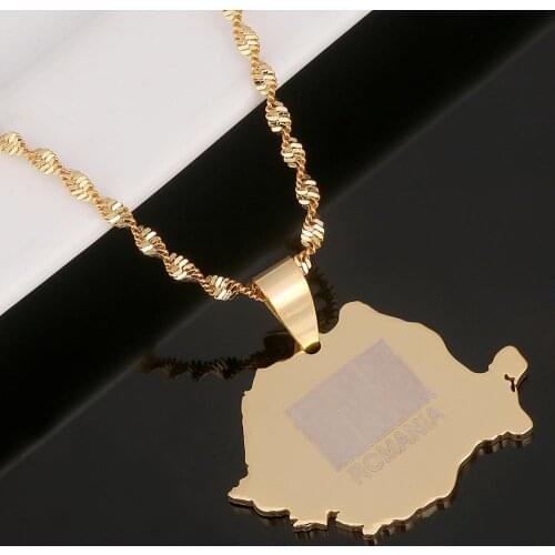 Stainless Steel Gold Color Romania Map Flag Pendant Necklace Trendy Romanian Map Chain Jewelry