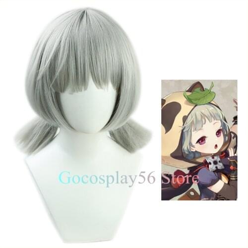 Genshin Impact Sayu Cosplay Wig Short Grey Heat Resistant Hair Dark Gray Ponytails Halloween Anime Role Play