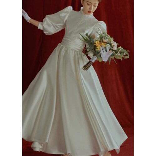 Simple French Hepburn Ankle Length Vintage Wedding Dress 2021 Elegant Satin A-Line Bridal Gowns vestidos de mairee Wedding