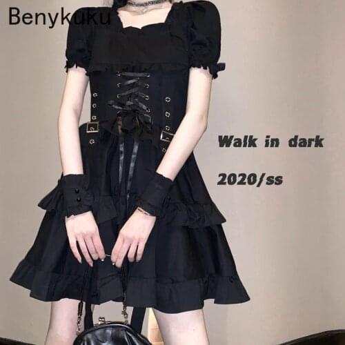 Puff Sleeve Ruffles Corset Bandage High Waist Mini Dress Black Chic Gothic Girls Lolita Dress Women Vintage Punk Style Dresses