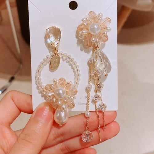 MENGJIQIAO Korean Fashion Asymmetric Champagne Crystal Flower Drop Earrings For Women Elegant Pearl Tassel Pendientes Jewelry