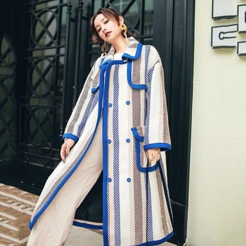 2019 New Brand Woolen Coat Women Autumn Winter Long Wool Jacket Female Striped Cashmere Overcoat Korean Spell Color Wool Outwear