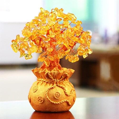 19cm Natural Crystal Lucky Tree Money Tree Ornaments Bonsai Style Wealth Luck Feng Shui Ornaments Home Decor (Yellow)