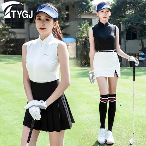 2021 Golf Apparel Women Sleeveless Zipper Stand-Up Collar T-Shirt Summer Breathable Mesh Stitching Golf Sports Clothing Tops