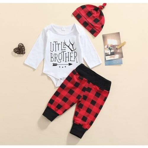0-18M Baby Autumn Clothes Set Letter Print Long Sleeve Romper + Plaid Long Pants + Hat 3Pcs Spring Casual Outfits for Boys Girls